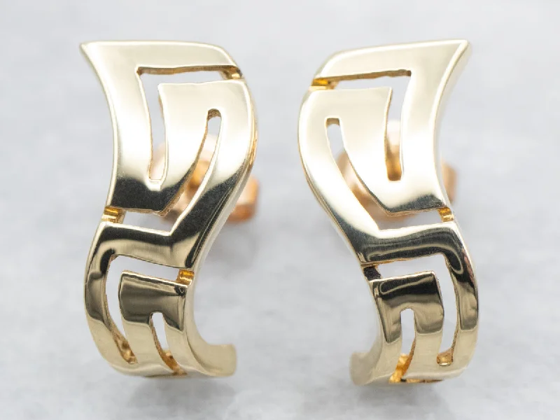 Ladies earrings two-tone earring designs-Yellow Gold Abstract Greek Key Stud Earrings