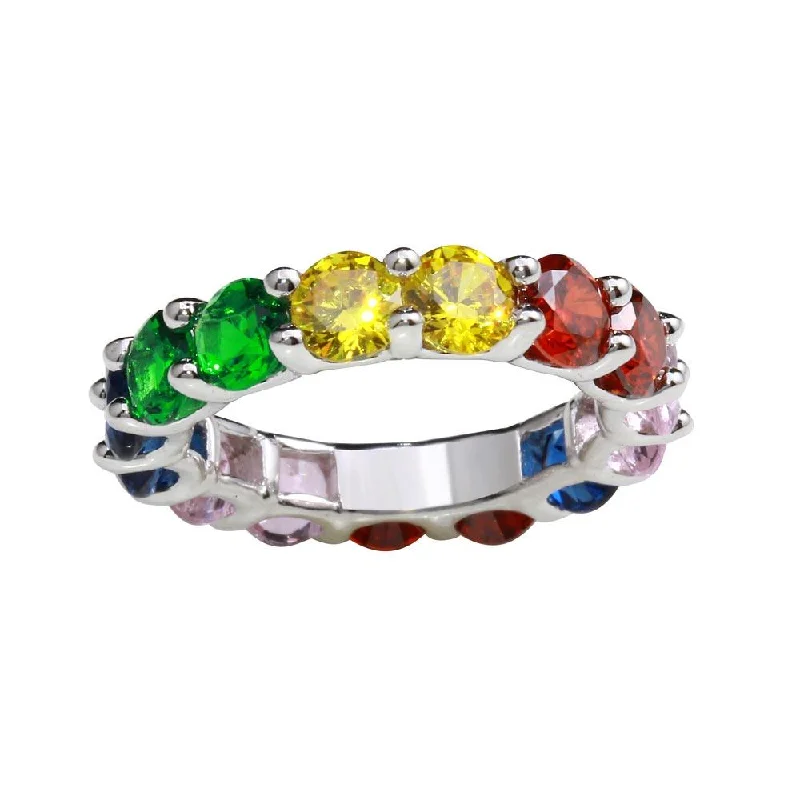 Ladies rings stackable ring sets-Rhodium Plated 925 Sterling Silver Plated 925 Sterling Silver Multi-Colored Round CZ Stone Ring - GMR00269RBC