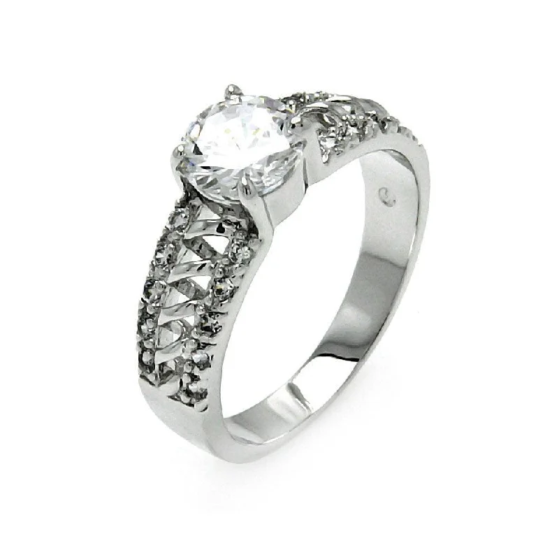 Ladies rings iridescent finish designs-Silver 925 Rhodium Plated Clear Round Center CZ Spiral Bridal Ring - BGR00526