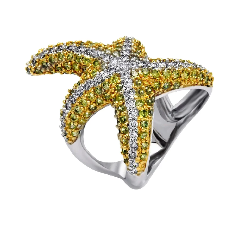 Ladies rings bold silver styles-Silver 925 Rhodium and Gold Plated 2 Toned Pave Set Green and Clear CZ Starfish Ring - BGR00381