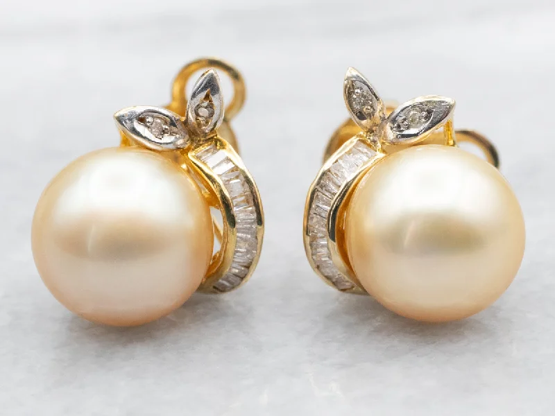 Ladies earrings limited run designs-Champagne Pearl Diamond and Gold Statement Earrings