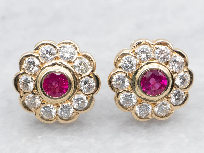 Ladies earrings party wear glamour-Bezel Set Ruby and Diamond Halo Stud Earrings