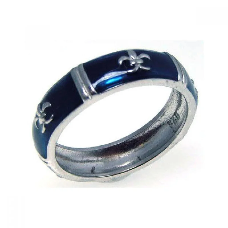 Ladies rings pinky finger styles-Silver 925 Rhodium Plated Blue Enamel Fleur De Lis Eternity Ring - STR00526