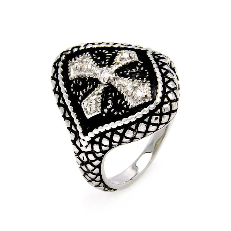 Ladies rings punk style vibes-Silver 925 Rhodium and Black Rhodium Plated 2 Toned Clear CZ Cross Crest Cigar Band Ring - BGR00449