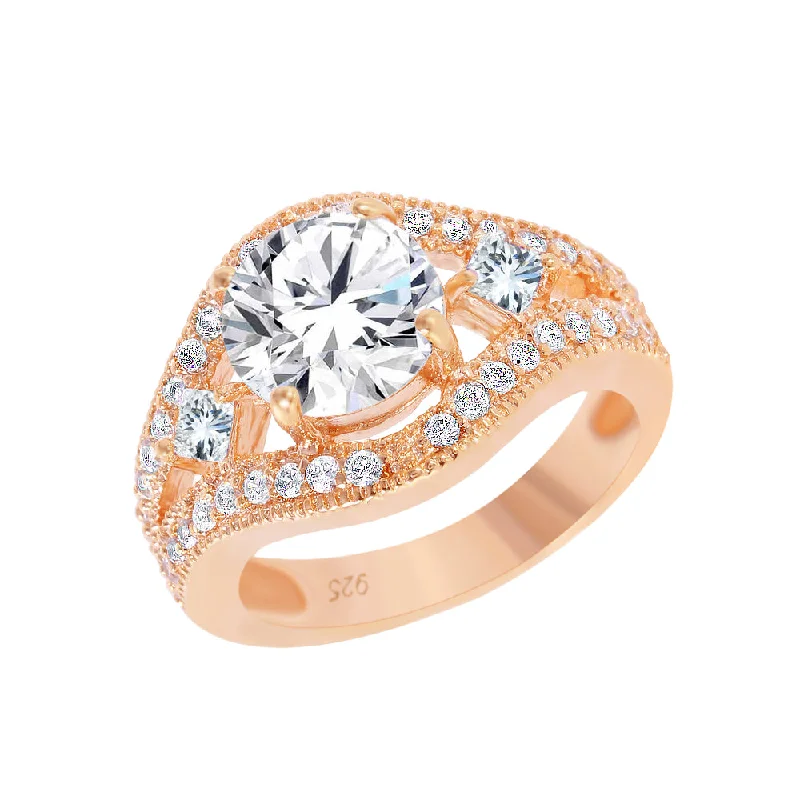 Ladies rings five-stone styles-Silver 925 Rose Gold Plated Multi Shaped Clear CZ Dome Ring - BGR00604