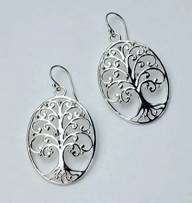 Ladies earrings cushion cut earrings-Sterling Silver "Tree of Life" Oval Earrings