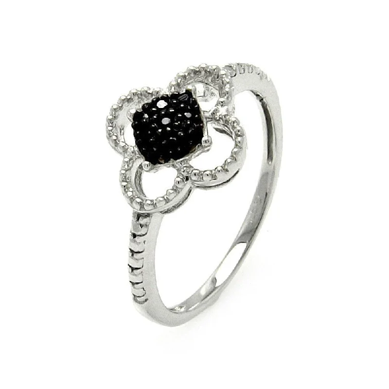 Ladies rings seasonal collection rings-Silver 925 Black and Silver Rhodium Plated Black and Clear CZ Flower Ring - STR00909