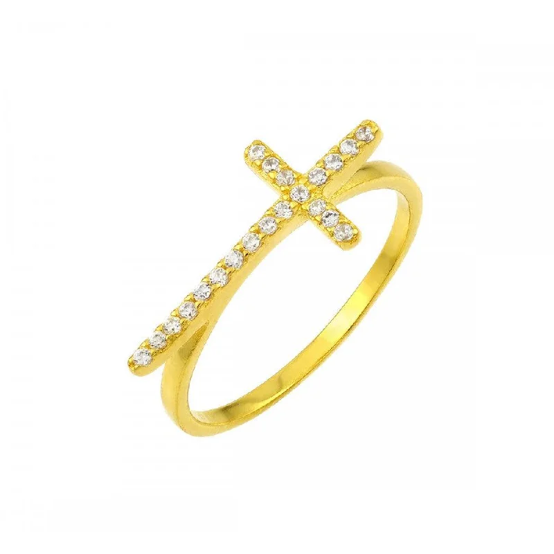 Ladies rings minimalist gold bands-Silver 925 Gold Plated Clear CZ Cross Ring - BGR00810GP