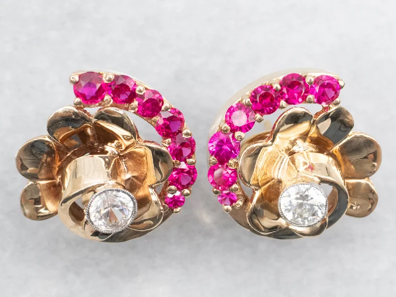 Ladies earrings bold color earrings-Funky White Topaz and Synthetic Ruby Retro Stud Earrings