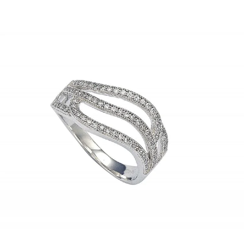 Ladies rings fabric wrap designs-Silver 925 Rhodium Plated Micro Pave Set Clear CZ Wave Ring - GMR00008