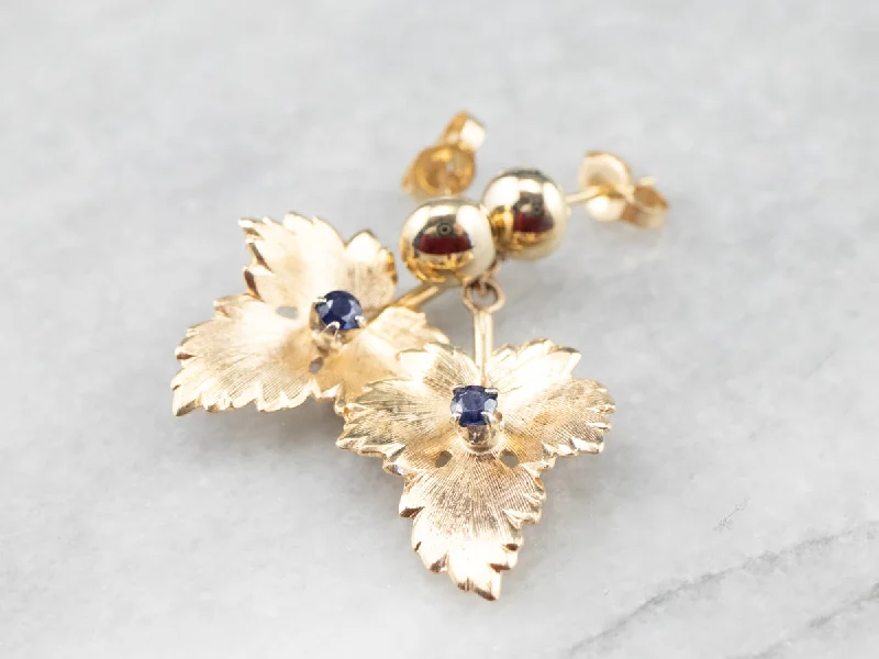 Ladies earrings organic shape designs-Gold Sapphire Leaf Drop Earrings