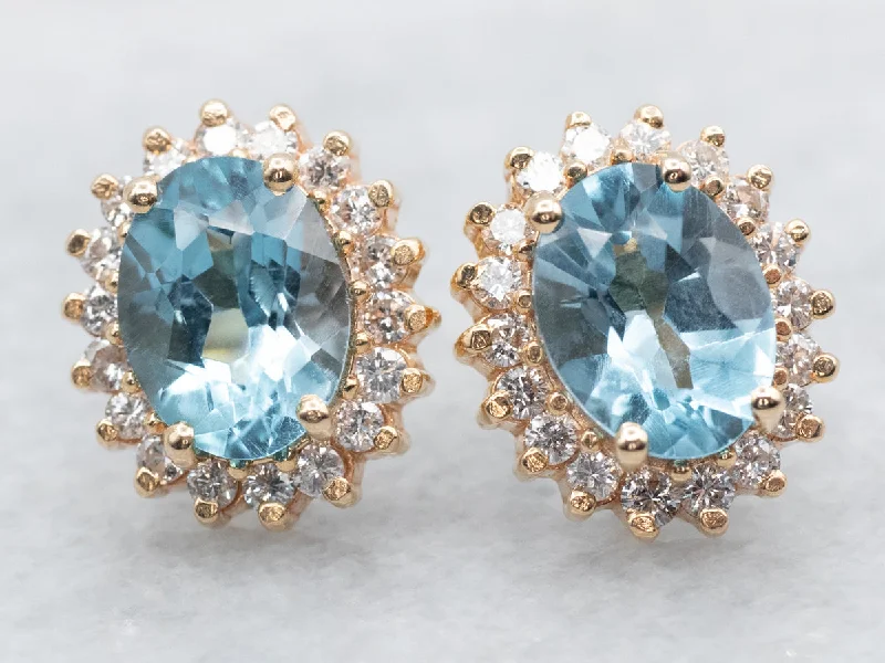 Ladies earrings low maintenance styles-Blue Topaz Stud Earrings with Diamond Halo