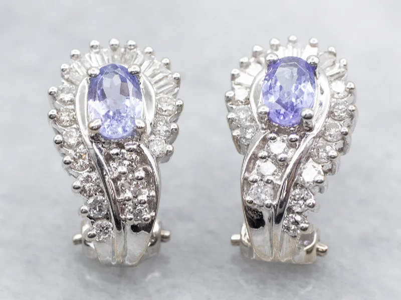 Ladies earrings pride-inspired earrings-White Gold Oval Cut Tanzanite Stud Earrings with Round and Baguette Cut Diamond Accents and Omega Backs