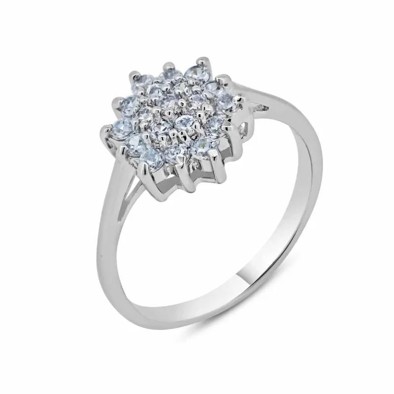 Ladies rings famous designer labels-Silver 925 Rhodium Plated Clear Cluster CZ Flower Ring - BGR00391