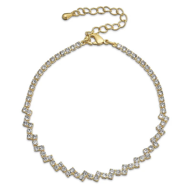 ladies bracelet classic platinum-Thin Minimalist Chain Link Bracelet with Cubic Zirconia in Yellow Gold Plated