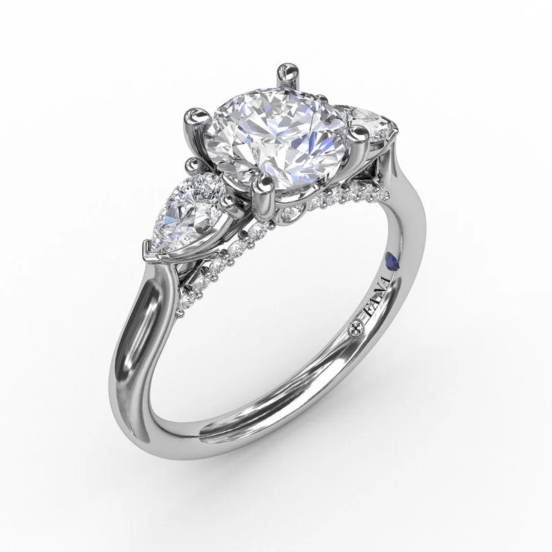 Ladies engagement rings delicate halo styles-Classic Three-Stone Diamond Engagement Ring With Pear-Shape Side Diamonds