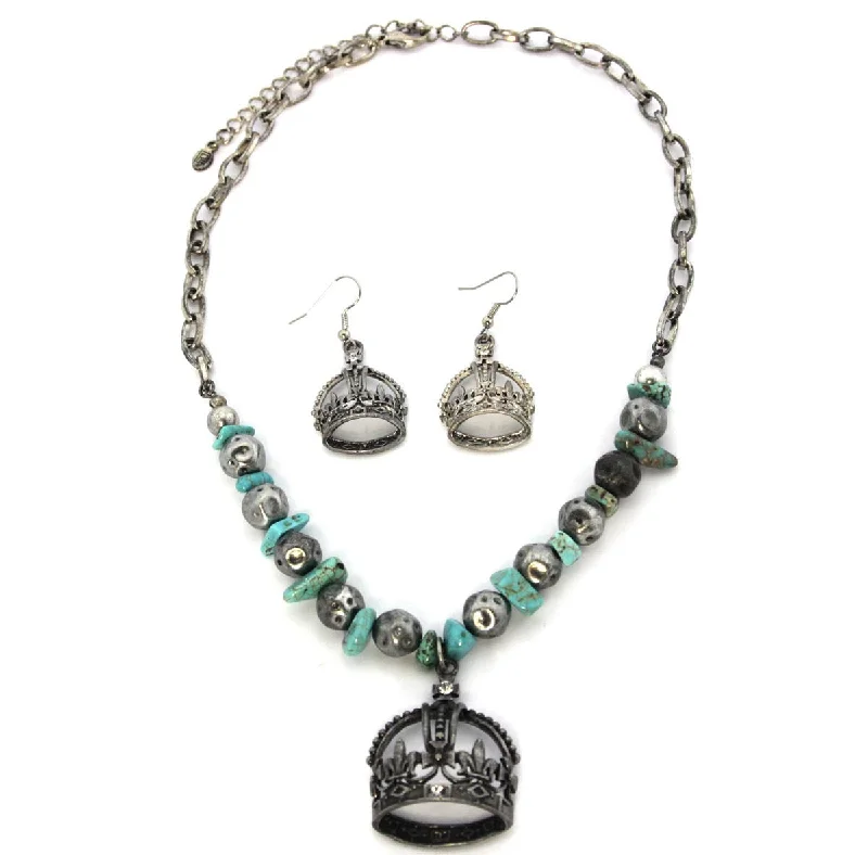 ladies necklace gothic silver-Crown Necklace & Earrings Set, Turquoise