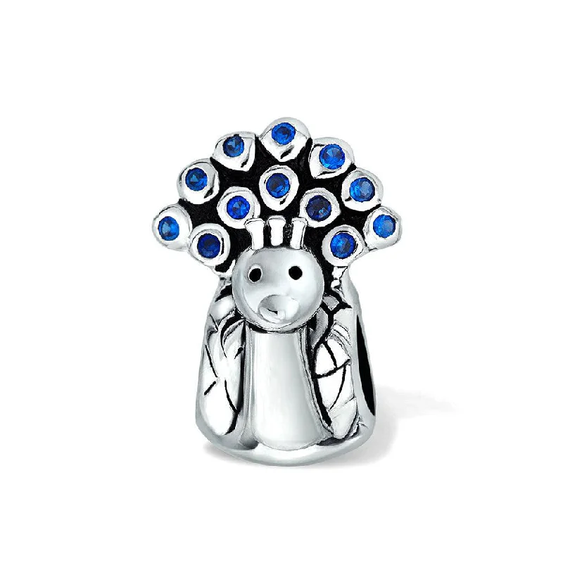 ladies bracelet filigree-Peacock Charm Bead Royal Blue CZ Sterling Silver for European Bracelet