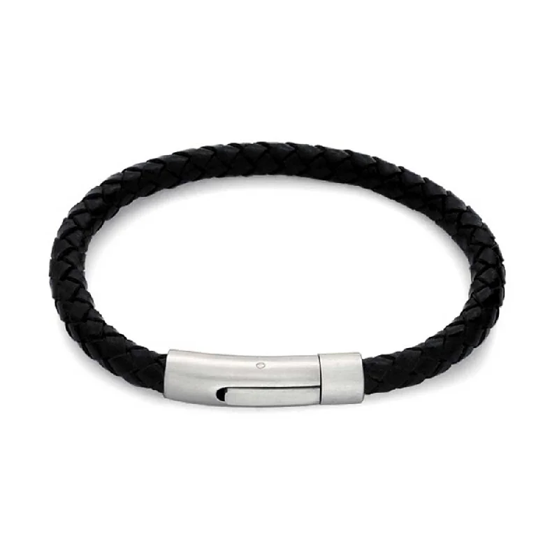 ladies bracelet rose gold-Unisex Black Woven Leather Cuff Bracelet with Stainless Barrel Clasp for Men