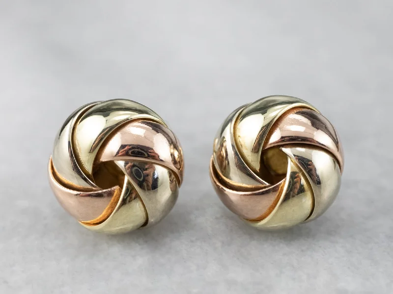 Ladies earrings classic revival designs-Tri Color Gold Knot Stud Earrings