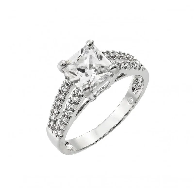 Ladies rings expressionist designs-Silver 925 Rhodium Plated Clear Princess Cut and Inlay CZ Ring - BGR00903