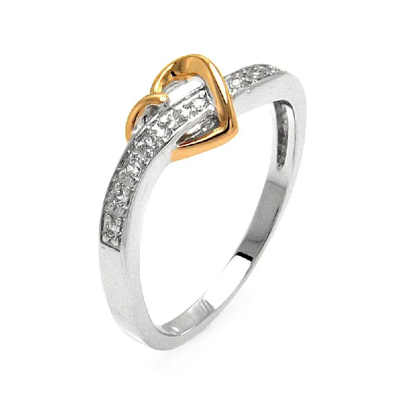 Ladies rings subtle beauty designs-Silver 925 Rhodium and Gold Plated 2 Toned Clear Pave Set CZ Heart Ring - BGR00577