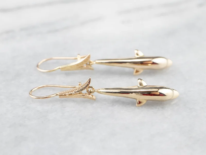 Ladies earrings pop art earrings-Gold Dolphin Drop Earrings