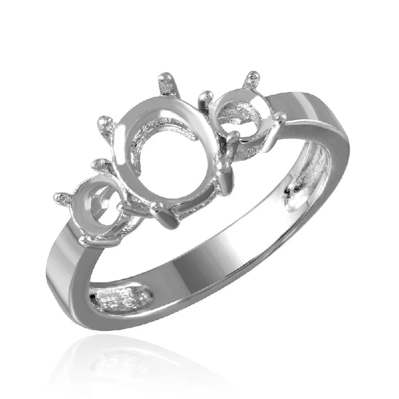 Ladies rings extra thin rings-Silver 925 Rhodium Plated 3 Stone Oval Center Mounting Ring - BGR00483