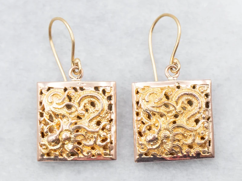 Ladies earrings stretch wire styles-Yellow Gold Ornate Filigree Square Shaped Drop Earrings