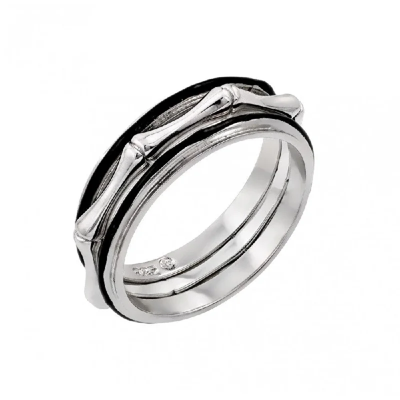 Ladies rings delicate outline styles-Silver 925 Rhodium and Black Rhodium Plated 2 Toned Bone Eternity Ring - BGR00888BLK