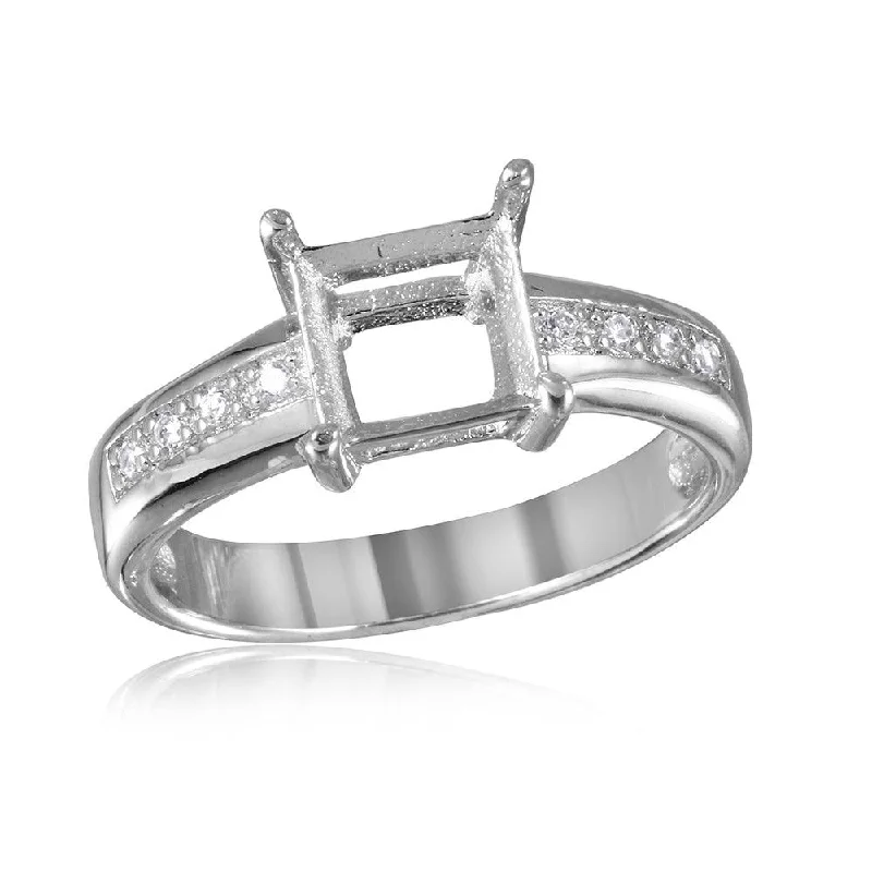 Ladies rings metallic sheen styles-Silver 925 Rhodium Plated Square Mounting with CZ Stones Ring - BGR00492