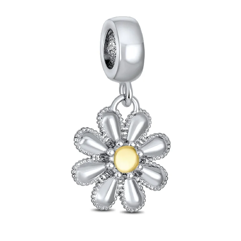 ladies bracelet summer-Sunflower Daisy Charm Bead Two-Tone 14K Gold Plated Fits European Bracelet