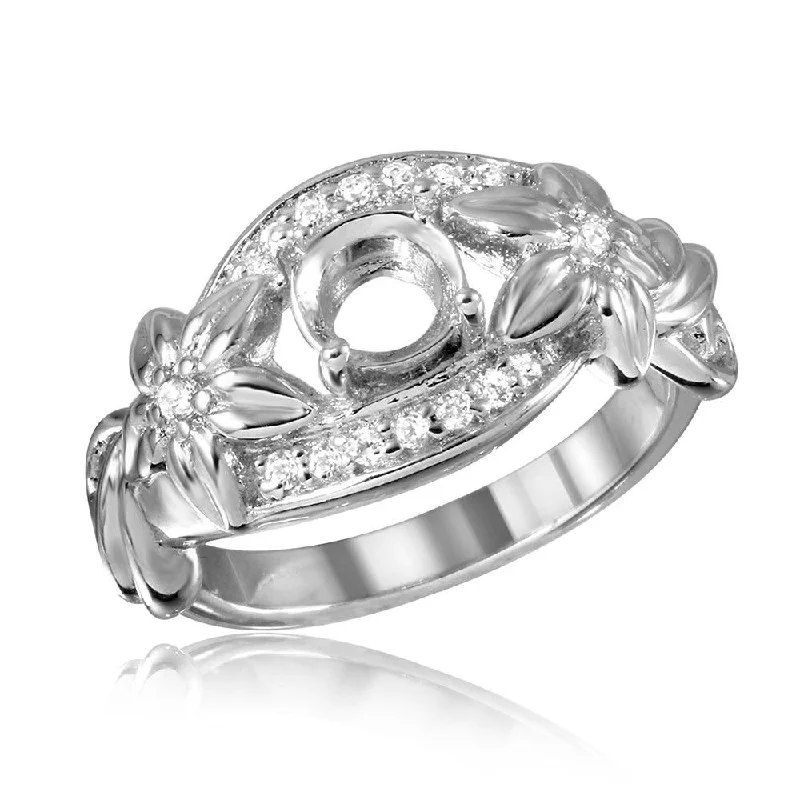 Ladies rings art deco designs-Silver 925 Rhodium Plated Flower Shank Single Stone Mounting Ring - BGR00815