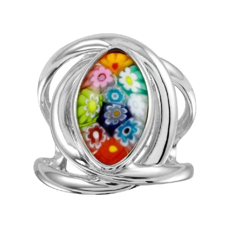 Ladies rings raised detail styles-Rhodium Plated 925 Sterling Silver Open Shank Oval Shape Murano Glass Ring - MR00008