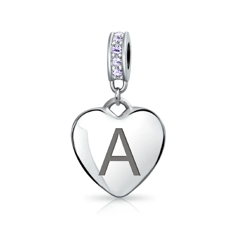 ladies bracelet geometric silver-Initial Alphabet Bead Charm Light Purple Heart Crystal Sterling Silver Bracelet