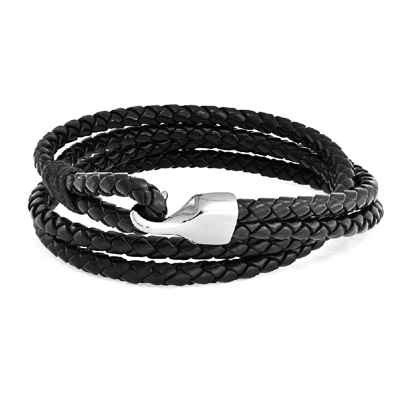 ladies bracelet nickel free-Unisex Black Leather Cuff Bracelet with Stainless Hook Clasp - Double Wrap Design