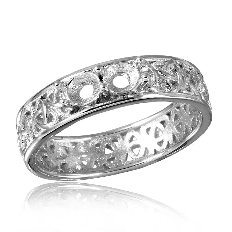 Ladies rings raw diamond designs-Silver 925 Rhodium Plated Celtic Designed Band 2 Stones Mounting Ring - BGR00828