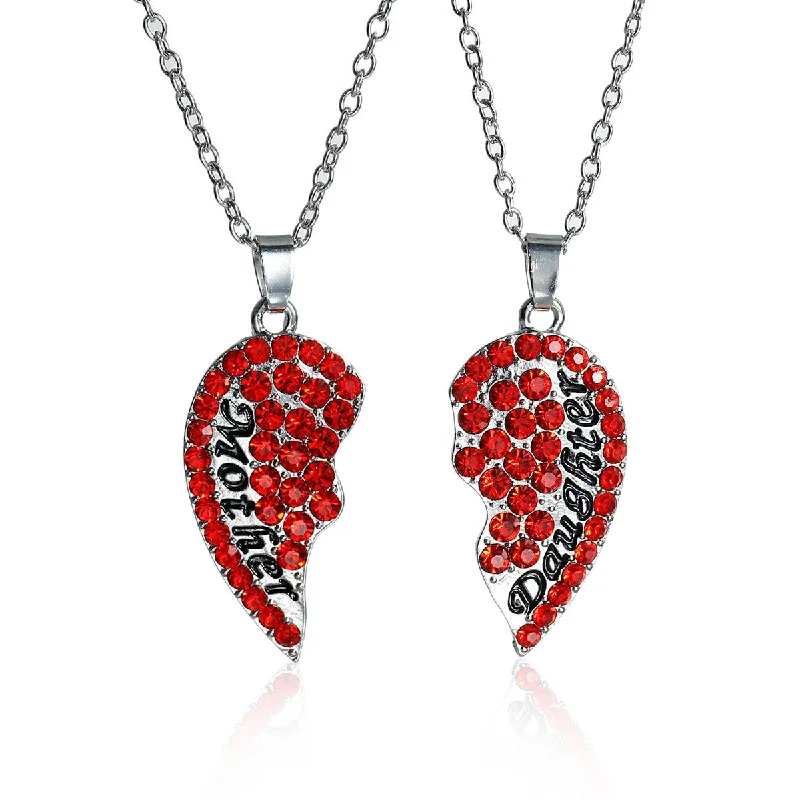 ladies necklace exclusive-Necklace Long Link Cable Chain Broken Heart Message " Mother & Daughter " Pendants Red Rhinestone