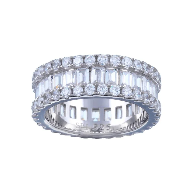 Ladies rings unique artisan designs-Rhodium Plated 925 Sterling Silver CZ Baquette Band with Border Ring  - STR01144