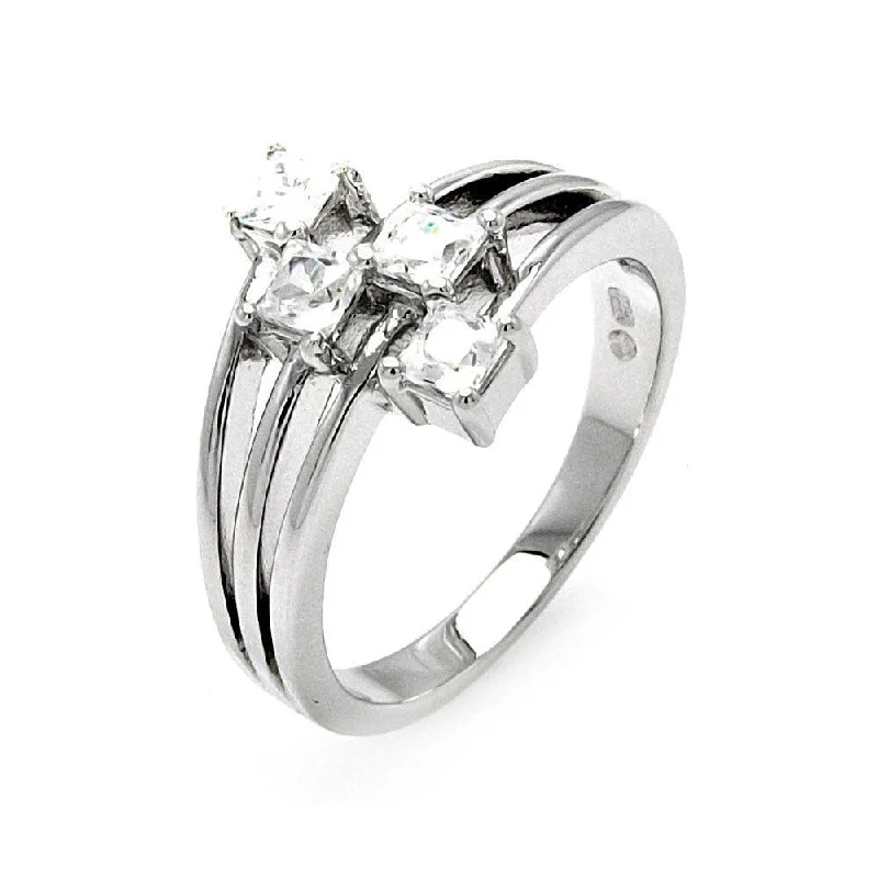 Ladies rings Mother’s Day treasures-Silver 925 Rhodium Plated Multiple Square Clear CZ 4 Row Ring - BGR00503