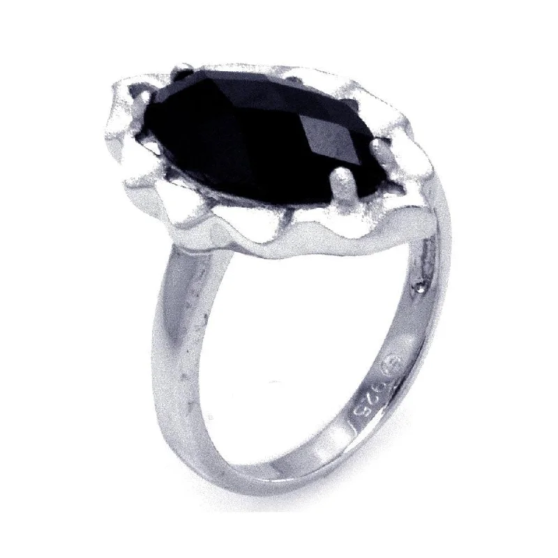 Ladies rings soft curve rings-Silver 925 Rhodium Plated Black Oval CZ Ring - STR00866