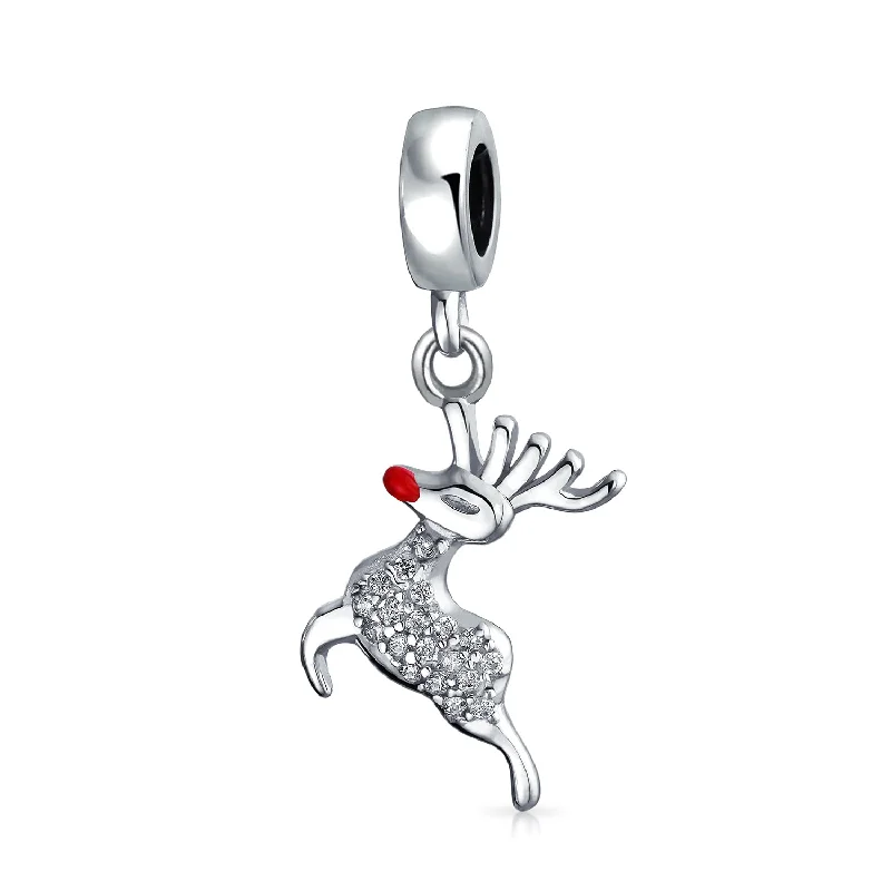 ladies bracelet feather silver-Rudolph Red Nose Reindeer Christmas Charm Bead for European Bracelets Sterling Silver