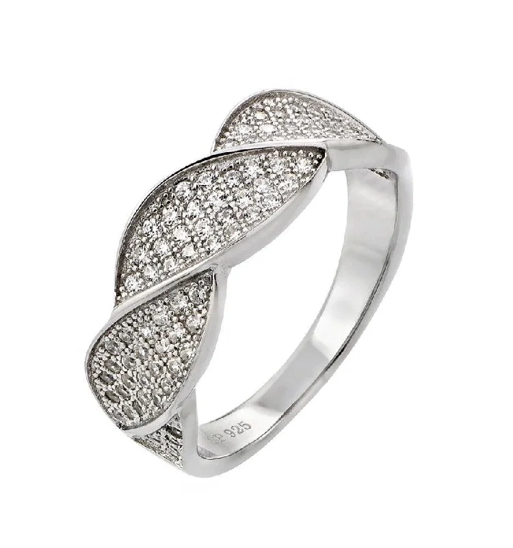 Ladies rings half-eternity designs-Silver 925 Rhodium Plated Round Clear CZ Twisted Ring - STR00922