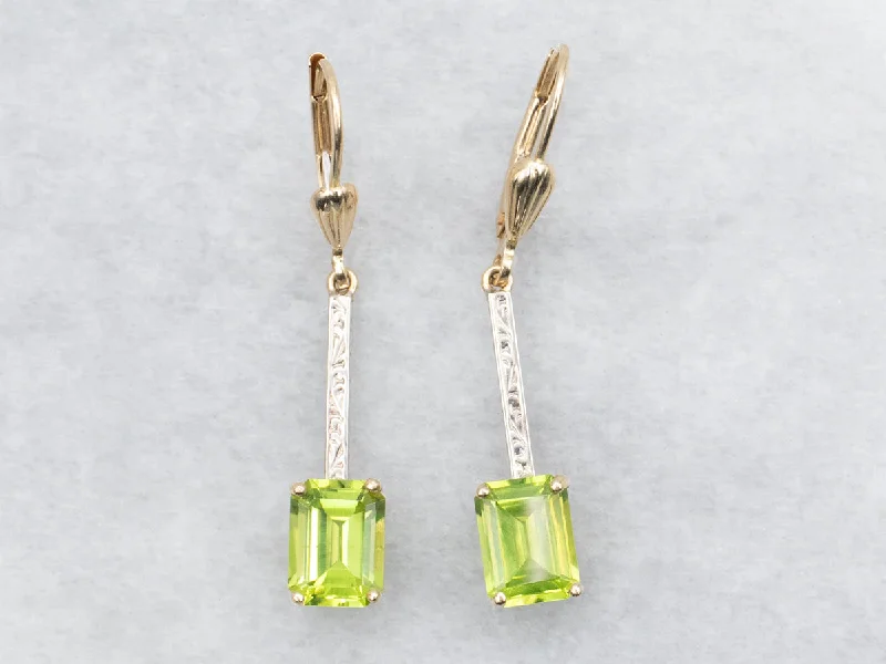 Ladies earrings halo accent designs-Two Tone Bar Set Peridot Drop Earrings