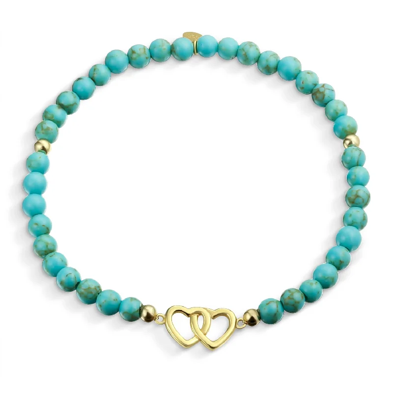 ladies bracelet halo silver-Interlocking Hearts BFF Turquoise Bead Stretch Bracelet 14K Gold Plated Silver