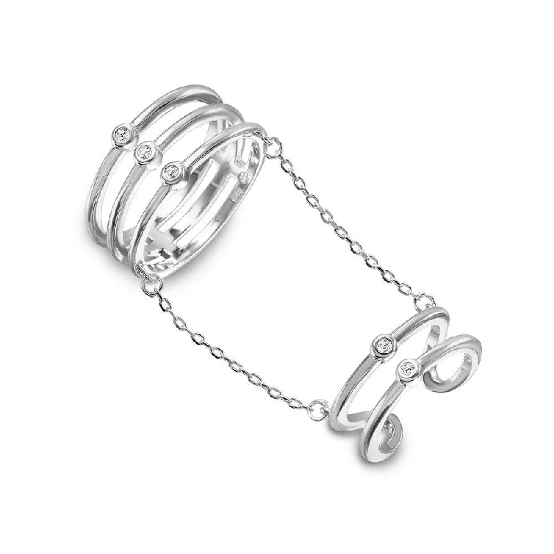 Ladies rings fade-proof designs-Silver 925 Rhodium Plated 2 Rings in 1 Attached on a Chain - BGR01025