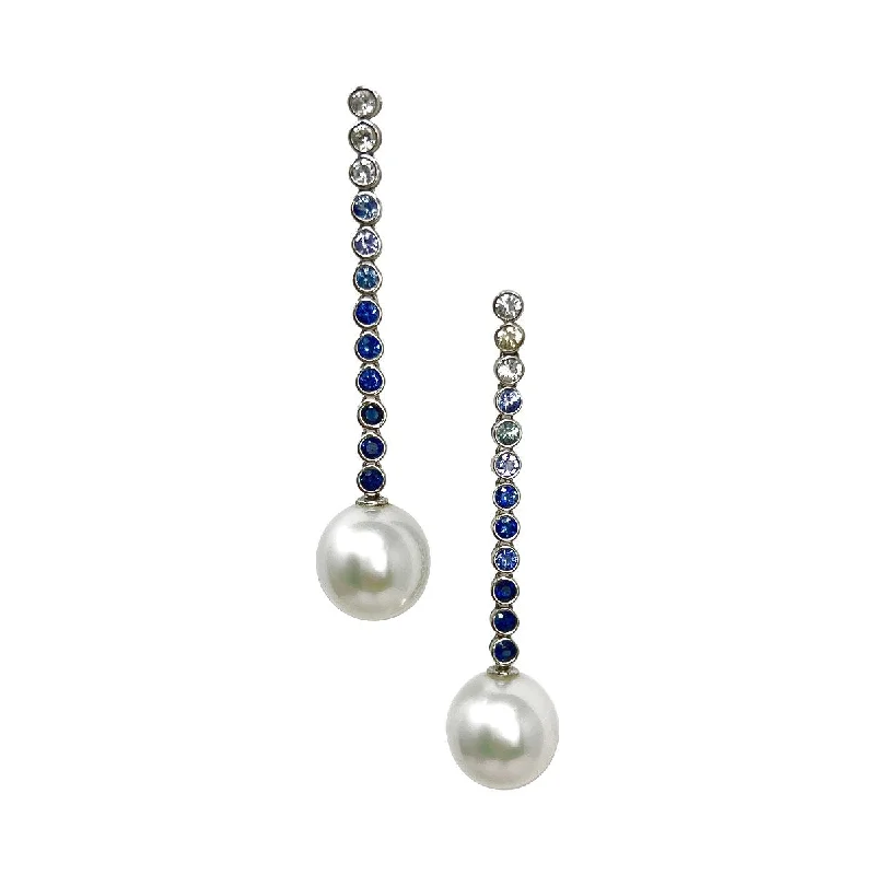 Ladies earrings wear-resistant styles-18K White Gold Drop Earrings with Sapphire and South Sea Pearl