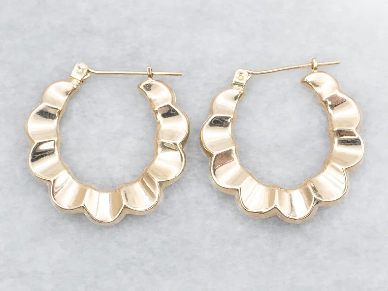 Ladies earrings sturdy build designs-Scalloped Edged Yellow Gold Hoop Earrings