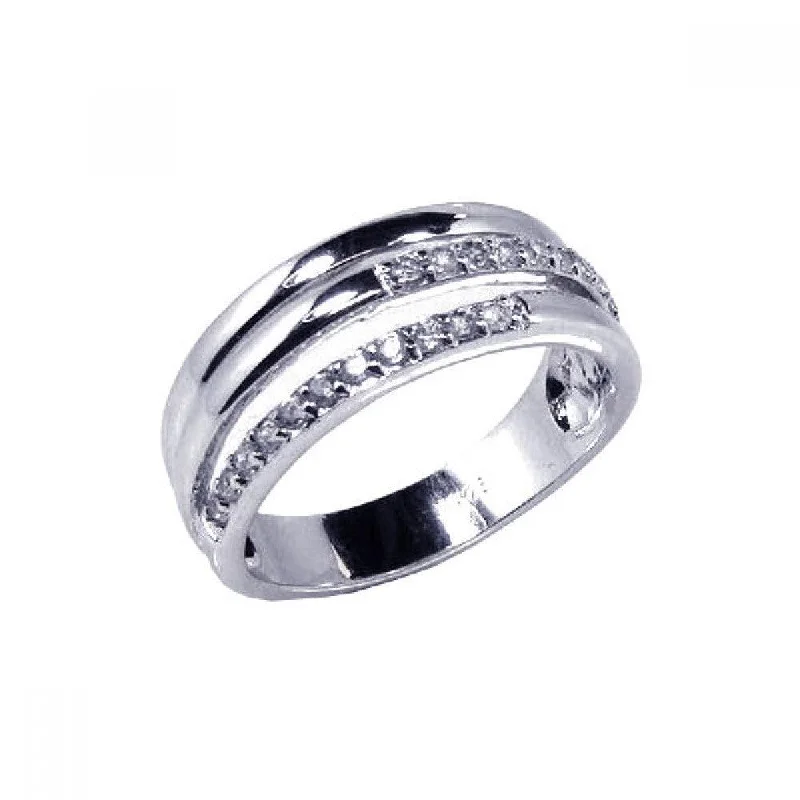 Ladies rings affordable price range-Silver 925 Rhodium Plated 3 Row CZ Ring - STR00352