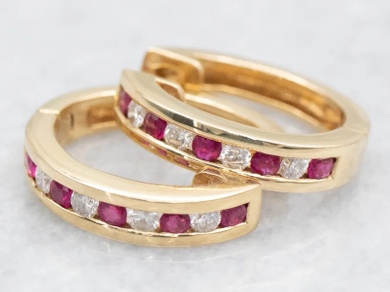 Ladies earrings art deco elegance-Gold Ruby and Diamond Hinged Huggie Hoop Earrings